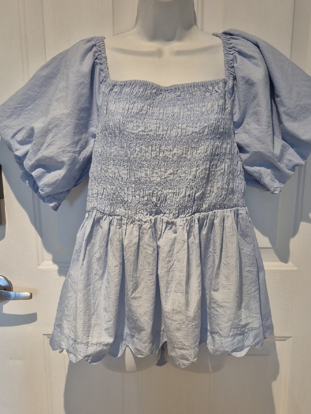 Simply Southern Smocked Square-Neck Peplum Top - Light Blue w/ Scalloped Hem. XL